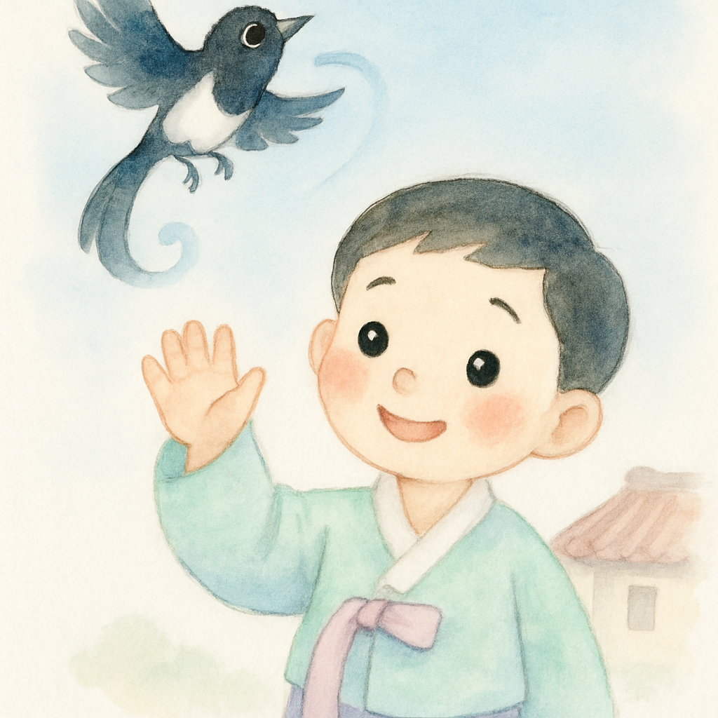 소년이 까치를 하늘로 날려보내는 장면